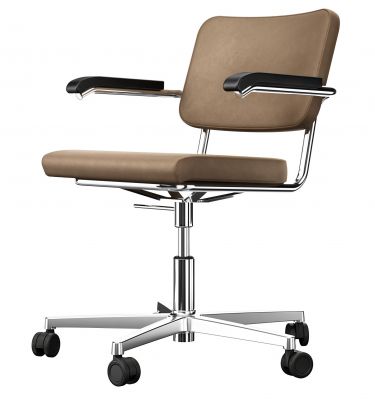 Thonet S 64 Drehstuhl mit braunem Lederbezug und Chromgestell, ein moderner Bürostuhl.